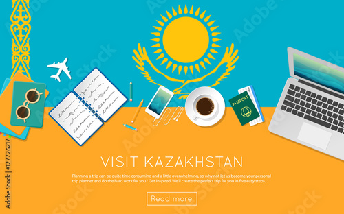 Visit Kazakhstan concept for your web banner or print materials. Top view of a laptop, sunglasses and coffee cup on Kazakhstan national flag. Flat style travel planninng website header.