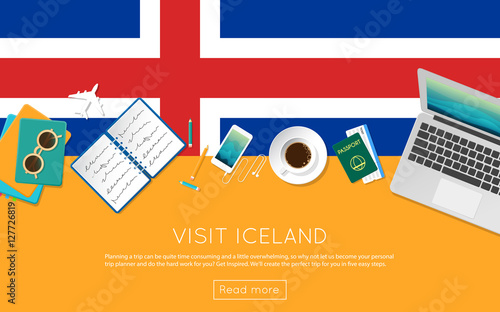 Visit Iceland concept for your web banner or print materials. Top view of a laptop, sunglasses and coffee cup on Iceland national flag. Flat style travel planninng website header.