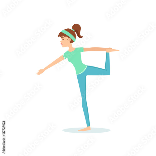 Lord Of Dance Natarajasana Yoga Pose Demonstrated By The Girl Cartoon Yogi With Ponytail In Blue Sportive Clothing Vector Illustration