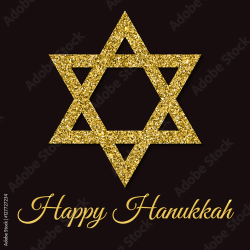 Happy Hanukkah greeting card. Star of David with gold glitter effect. Traditional Jewish symbol. Creative holiday vector illustration on a dark background. Flyer, poster template for celebration.