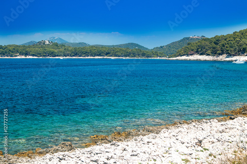  Turquoise blue lagoon on the island of Losinj, Croatia, seaside landscape 