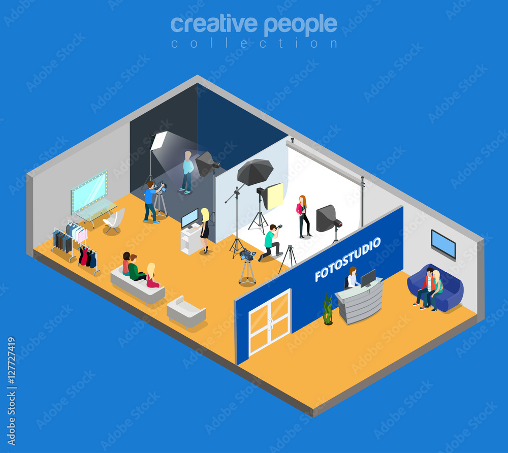 Obraz premium Flat isometric photographer client photo studio interior vector