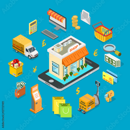 Flat isometric Shop phone vector. Shopping 3d Online business
