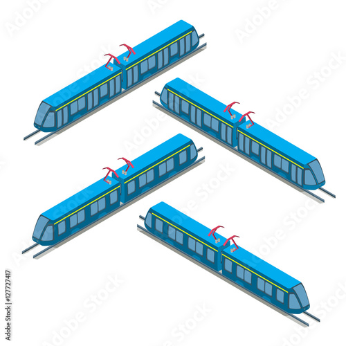 Flat isometric Tram on railway vector. 3d Passenger Transport.