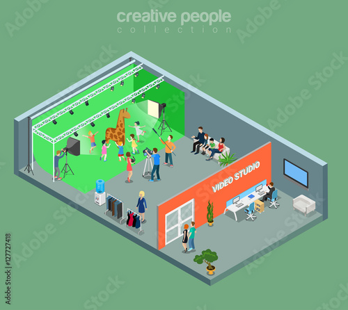 Flat isometric photographer client photo studio interior vector