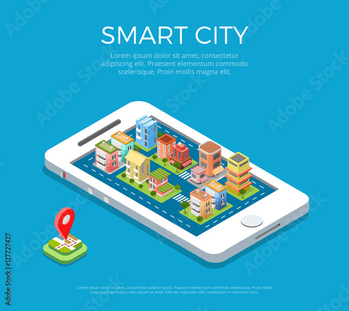 Flat isometric buildings phone Smart city app vector 3d Mobile