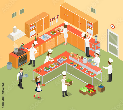 Flat isometric kitchen interior chief cook vector. 3d food meal