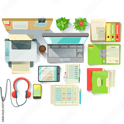 Office Worker Desk With Utilities And Stationary Including Lap Top Files And Printer