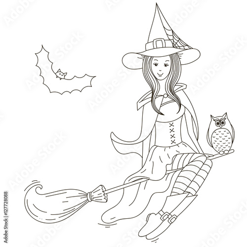 Girl witch on a broomstick. Vector isolated outline white background.