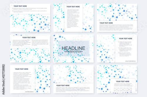 Big set of vector templates for presentation slides. Modern graphic background structure molecule and communication. Scientific pattern atom DNA. Medical, science, chemistry design.