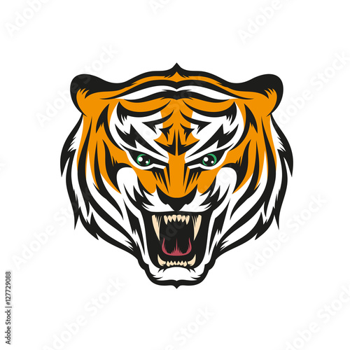 Fototapeta Naklejka Na Ścianę i Meble -  Isolated head of roaring tiger with grin in style the mascots for sports teams. Layered vector illustration - easy to edit.