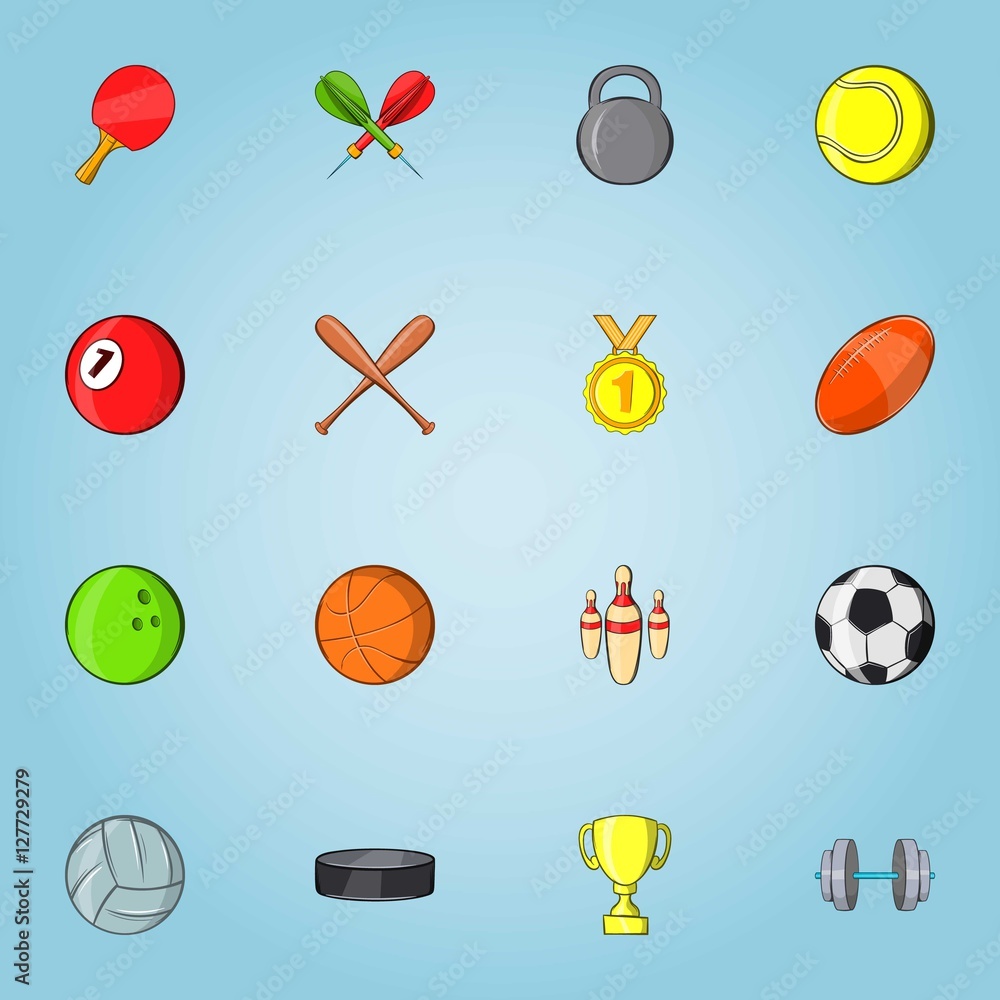 Sports stuff icons set. Cartoon illustration of 16 sports stuff vector icons for web Sports stuff icons set. Cartoon illustration of 16 sports stuff vector icons for web