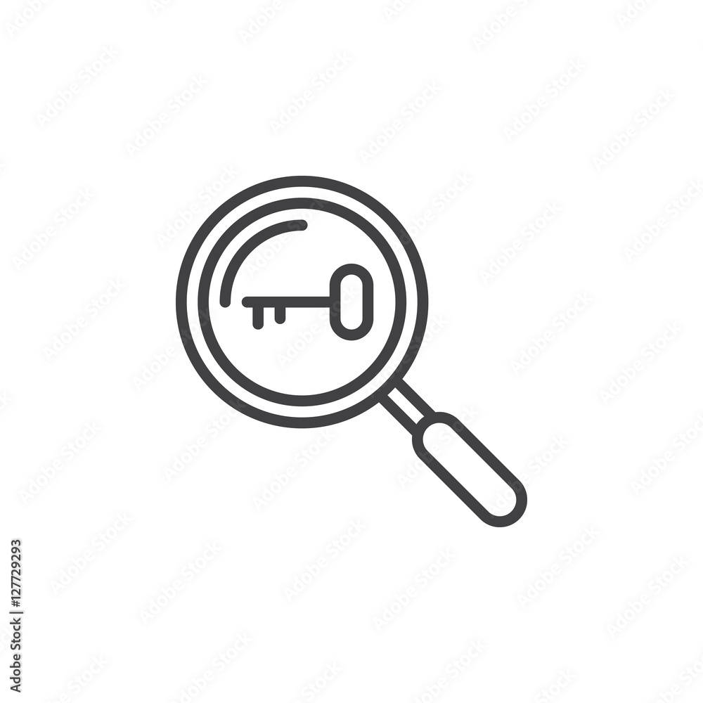 Keyword research symbol. magnifying glass and key line icon, outline vector sign, linear pictogram isolated on white. logo illustration Keyword research symbol. magnifying glass and key line icon, outline vector sign, linear pictogram isolated on white. logo illustration