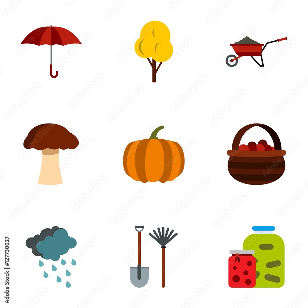 Season of year autumn icons set. Flat illustration of 9 season of year autumn vector icons for web
