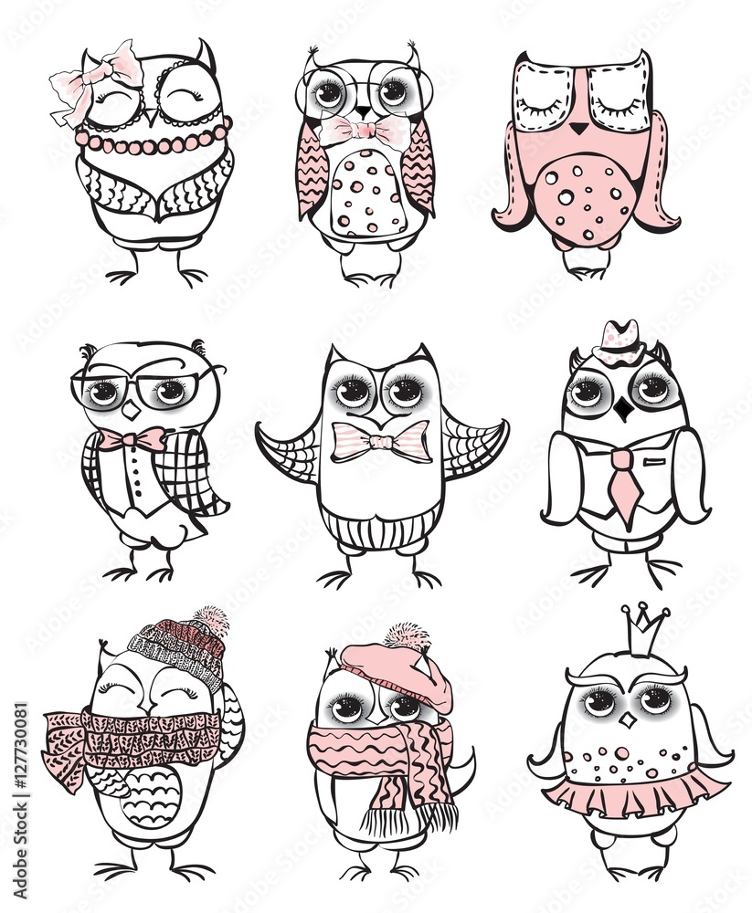 Nine cute hipster owls