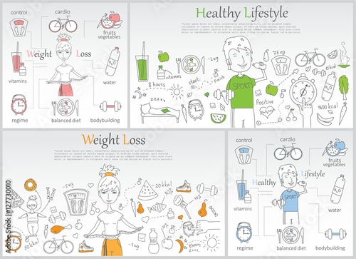 Doodle line banners of Healthy lifestyle and Weight loss. 