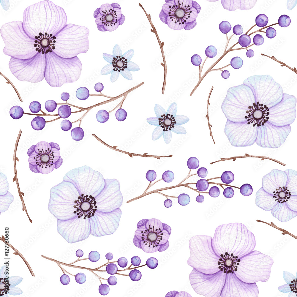 Fototapeta Akwarela fioletowe jagody i kwiaty wzór