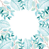 Herbal Frame with Watercolor Light Blue Leaves