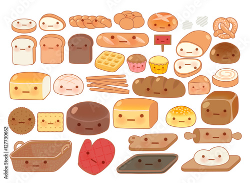 Collection of lovely baby bakery food doodle icon, cute white br
