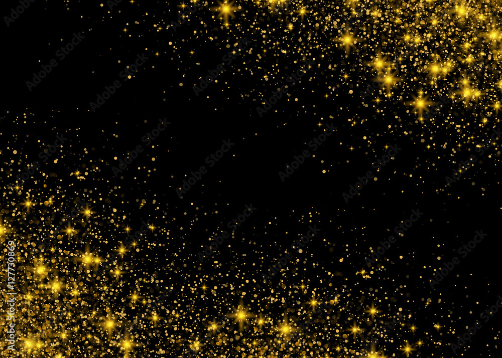 Sparkling background luminous gold Stars Star dust sparks in explosion on black background. Glitter particles effect. Vector Illustration