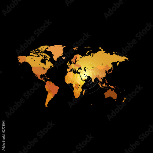 Orange color world map on black background. Globe design backdrop. Cartography element wallpaper. Geographic locations image. Continents vector illustration.