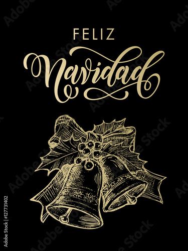 Feliz Navidad spanish greeting Merry Christmas gold bells ornament