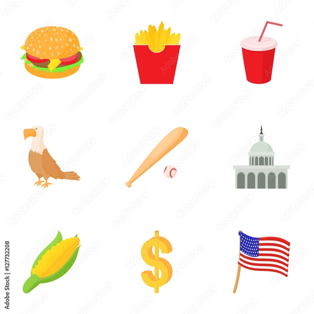State of USA icons set. Cartoon illustration of 9 state of USA vector icons for web State of USA icons set. Cartoon illustration of 9 state of USA vector icons for web