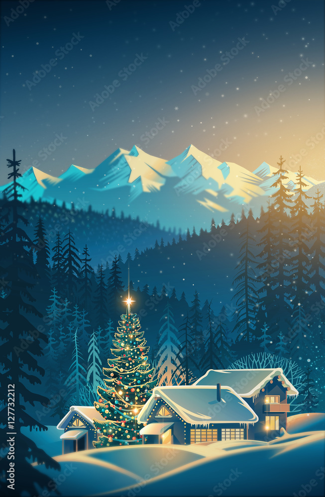 Winter festive mountain landscape with houses and Christmas tree. Raster illustration.