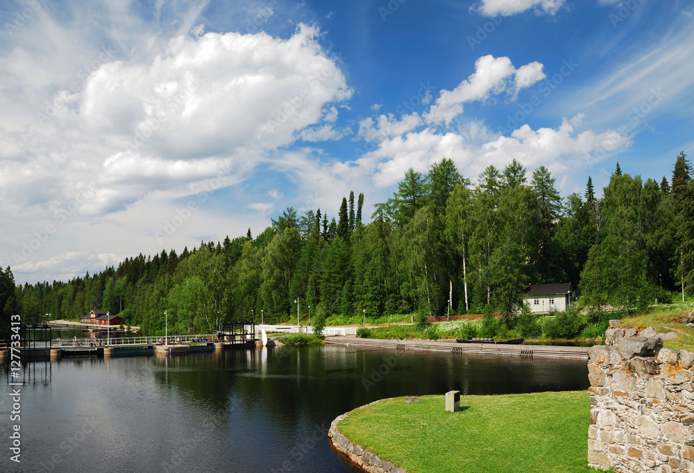 Summer view with river Kajaani.