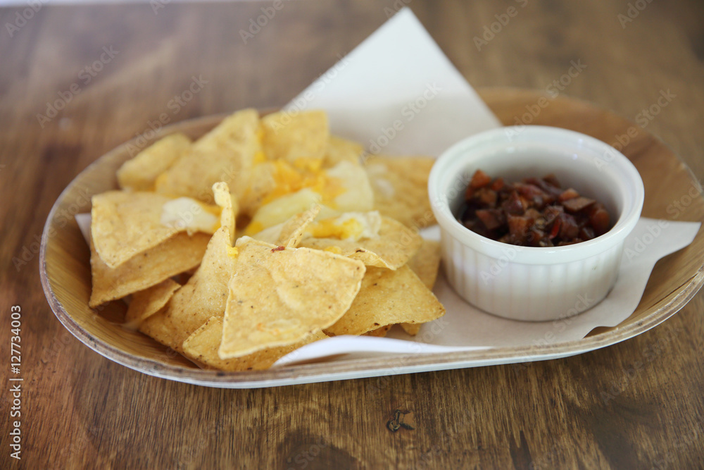 Cheese nachos with tomato sauce Cheese nachos with tomato sauce