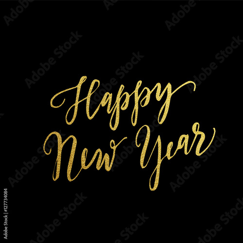 Gold Happy New Year greeting text on black background