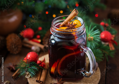Christmas mulled wine and spices. Christmas background.