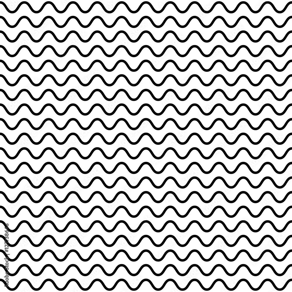 Vector seamless pattern, horizontal wavy lines, smooth bends. Simple monochrome background, endless repeat texture. Black waves on white backdrop. Design element for prints, decoration, digital, web