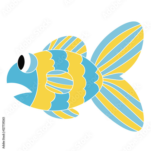 Cartoon colorful blue and yellow sad fish isolated on white background. Fish's mouth opened in shock. Vector illustration.