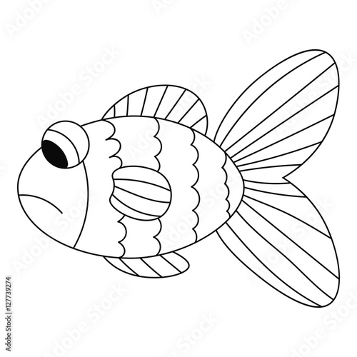 Sad black thin line contour fish isolated on white background for coloring book. Vector illustration.