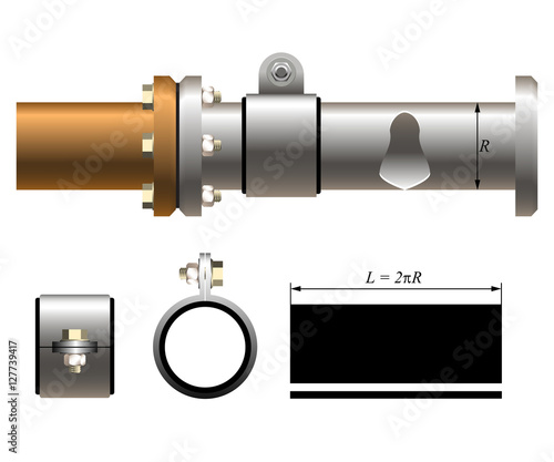 Illustration pipeline, flanges connection, hose clamp and rubber