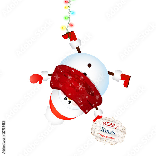 Cute snowman with scarf, red santa claus hat hanging upside down isolated on white background. Vector illustration.