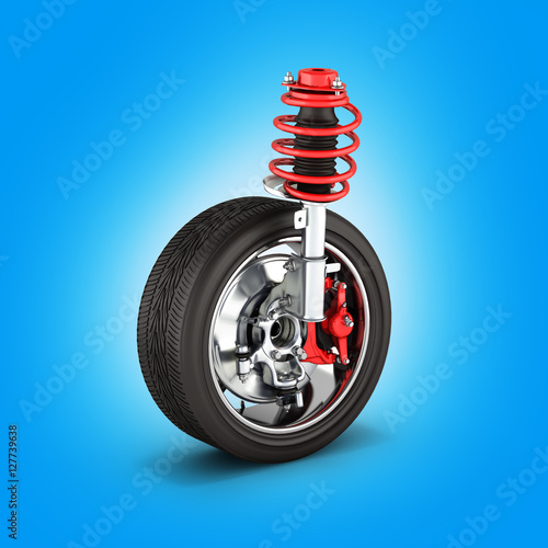 suspension of the car with wheel without shadow on blue backgrou