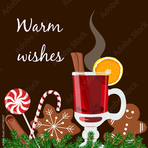 Warm wishes postcard. Mulled wine with gingerbread cookies