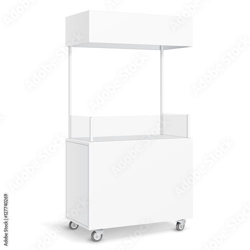 White POS POI Blank Empty Retail Stand Stall Mobile Bar Display With Roof, Canopy, Banner. Fast Food. On White Background Isolated. Mock Up Template Ready For Your Design. Product Packing Vector EPS10