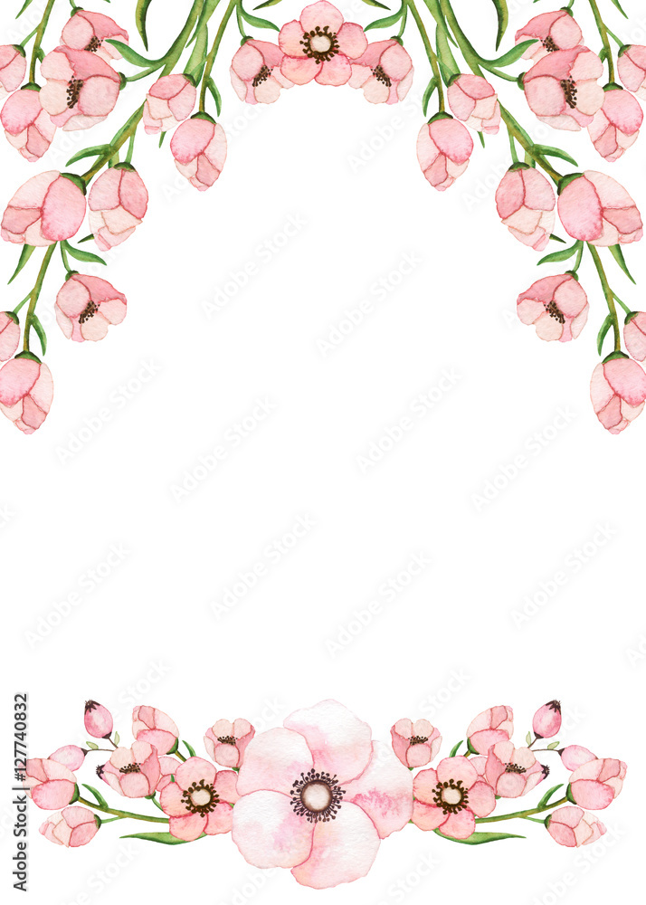 Card Template with Watercolor Light Pink Flowers