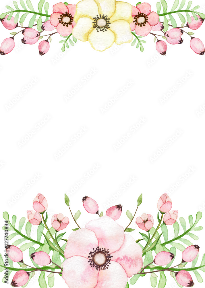 Frame with Watercolor Berries, Green Leaves and Gentle Flowers Frame with Watercolor Berries, Green Leaves and Gentle Flowers