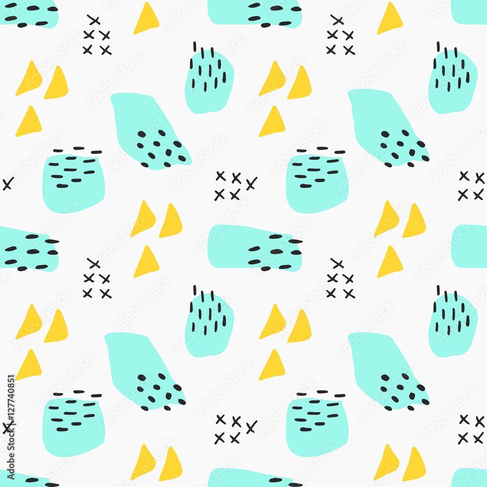 Modern seamless pattern with hand drawn shapes in blue, yellow and ...