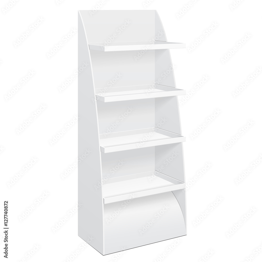 White Cardboard Floor Display Rack For Supermarket Blank Empty Displays With Shelves Products Mock Up On White Background Isolated. Ready For Your Design. Product Packing. Vector EPS10 White Cardboard Floor Display Rack For Supermarket Blank Empty Displays With Shelves Products Mock Up On White Background Isolated. Ready For Your Design. Product Packing. Vector EPS10
