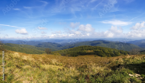 Fototapeta Naklejka Na Ścianę i Meble -  Mountains scenery. Panorama of grassland and forest in Bieszczady National Park. Carpathians landscape, Poland.