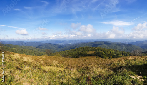 Mountains scenery. Panorama of grassland and forest in Bieszczady National Park. Carpathians landscape  Poland.
