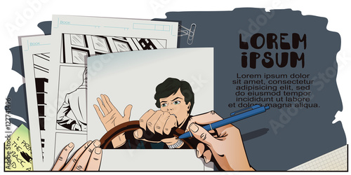 Man driving a car. Hand paints picture.