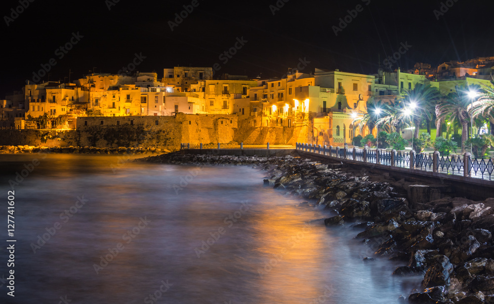 Scenic view of Vieste at night, Foggia Province, Puglia (Italy)