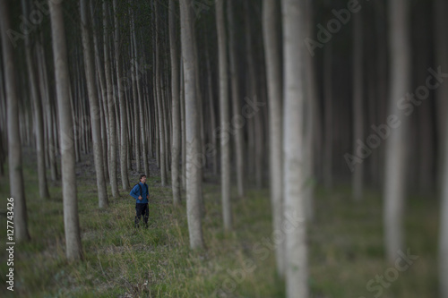 Adult man standing in a grove of poplar trees. Boardman, Oregon.