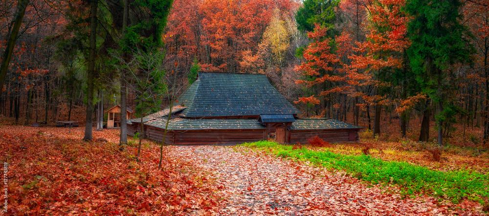 Obraz premium Old house in autumn at the Museum of architecture of Ukraine